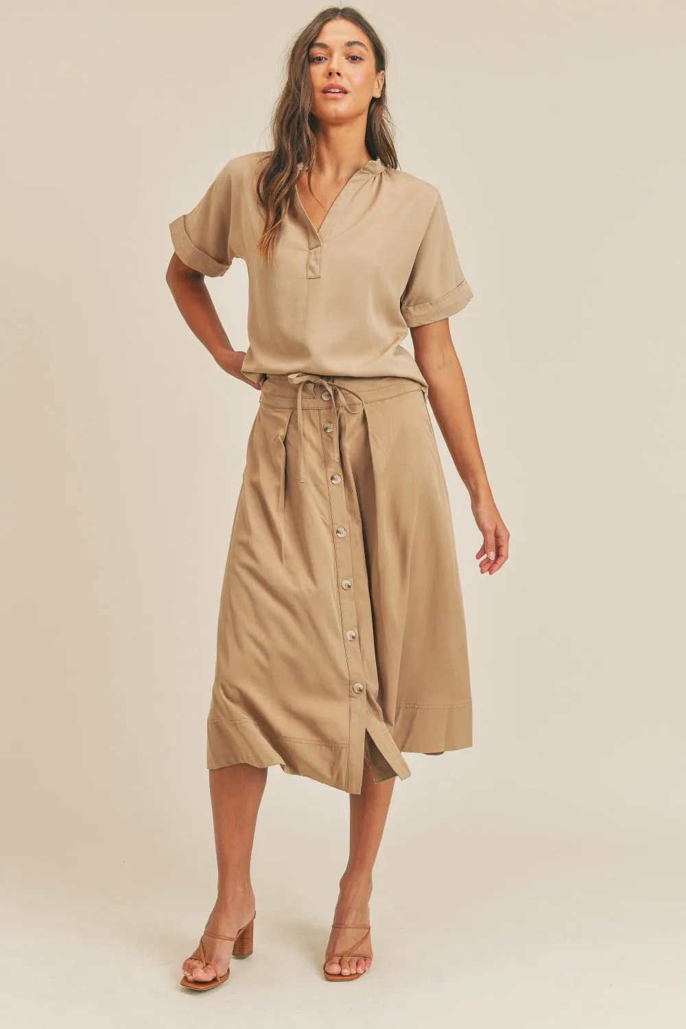 Short Sleeve Top and Button Down Midi Skirt Set