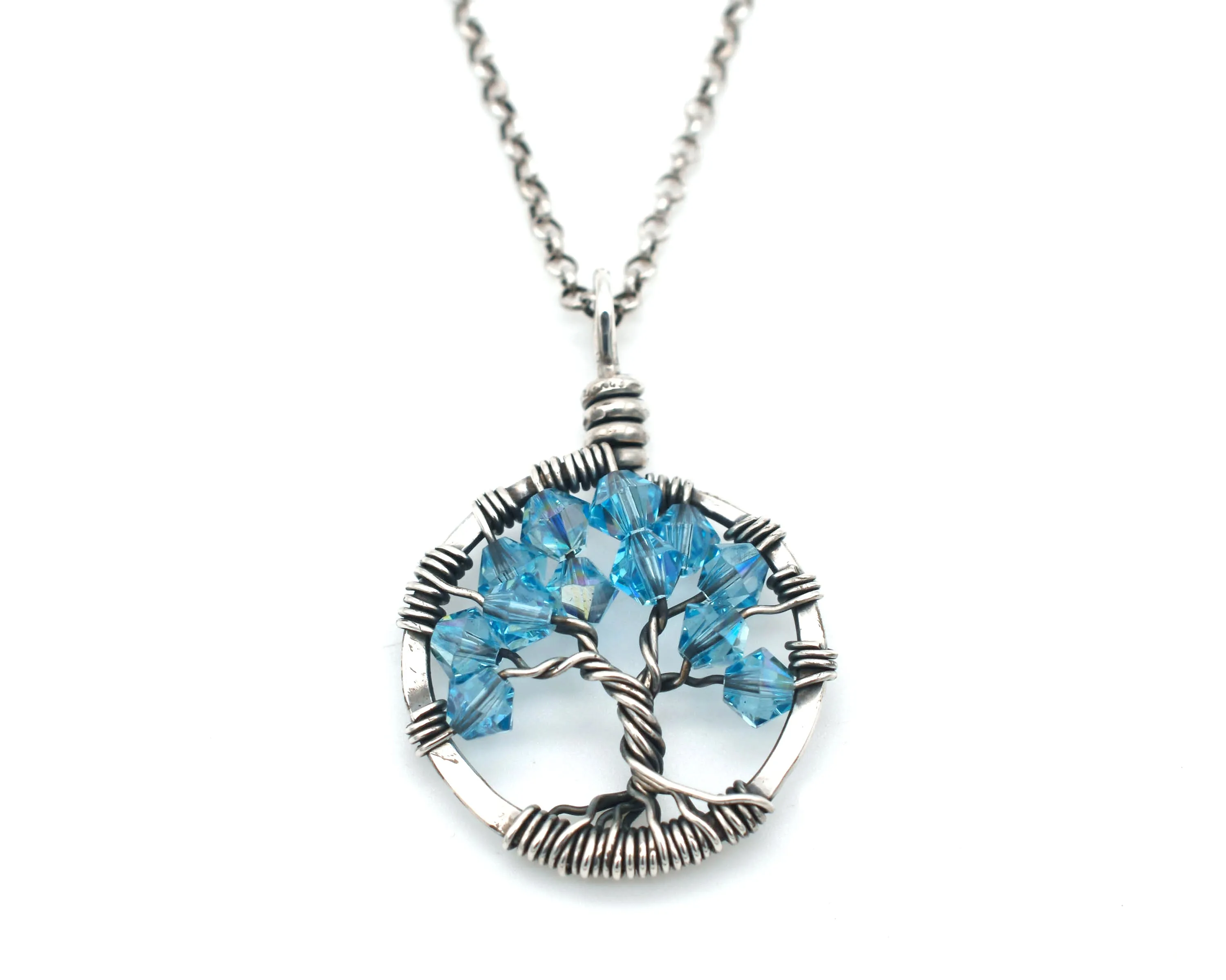 Silver Aquamarine Tree of Life Crystal Necklace (March)