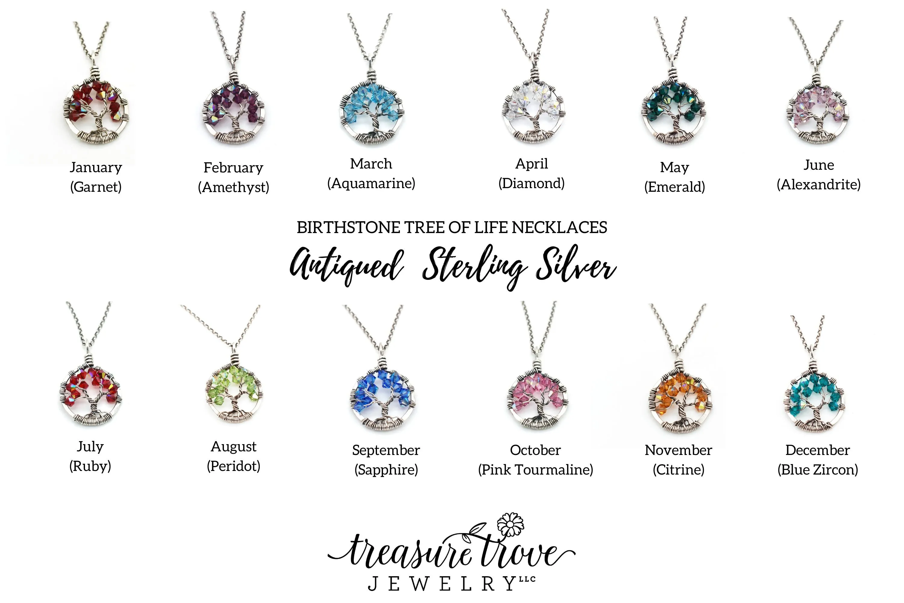 Silver Aquamarine Tree of Life Crystal Necklace (March)