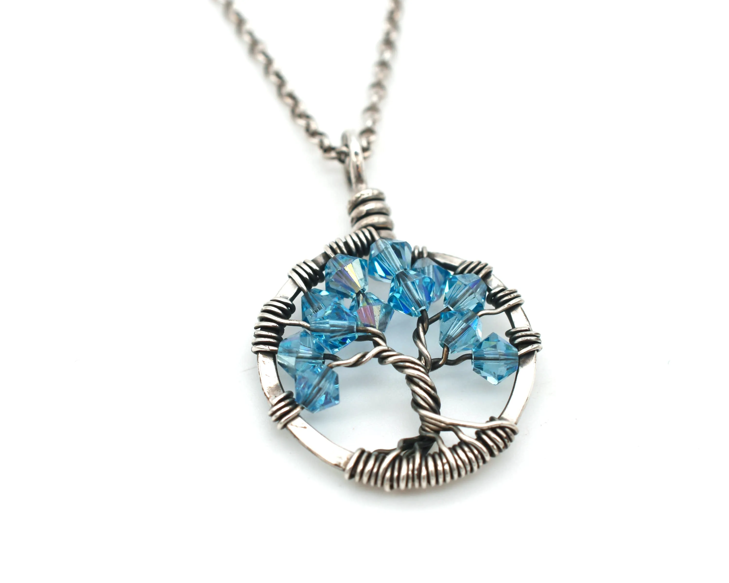 Silver Aquamarine Tree of Life Crystal Necklace (March)