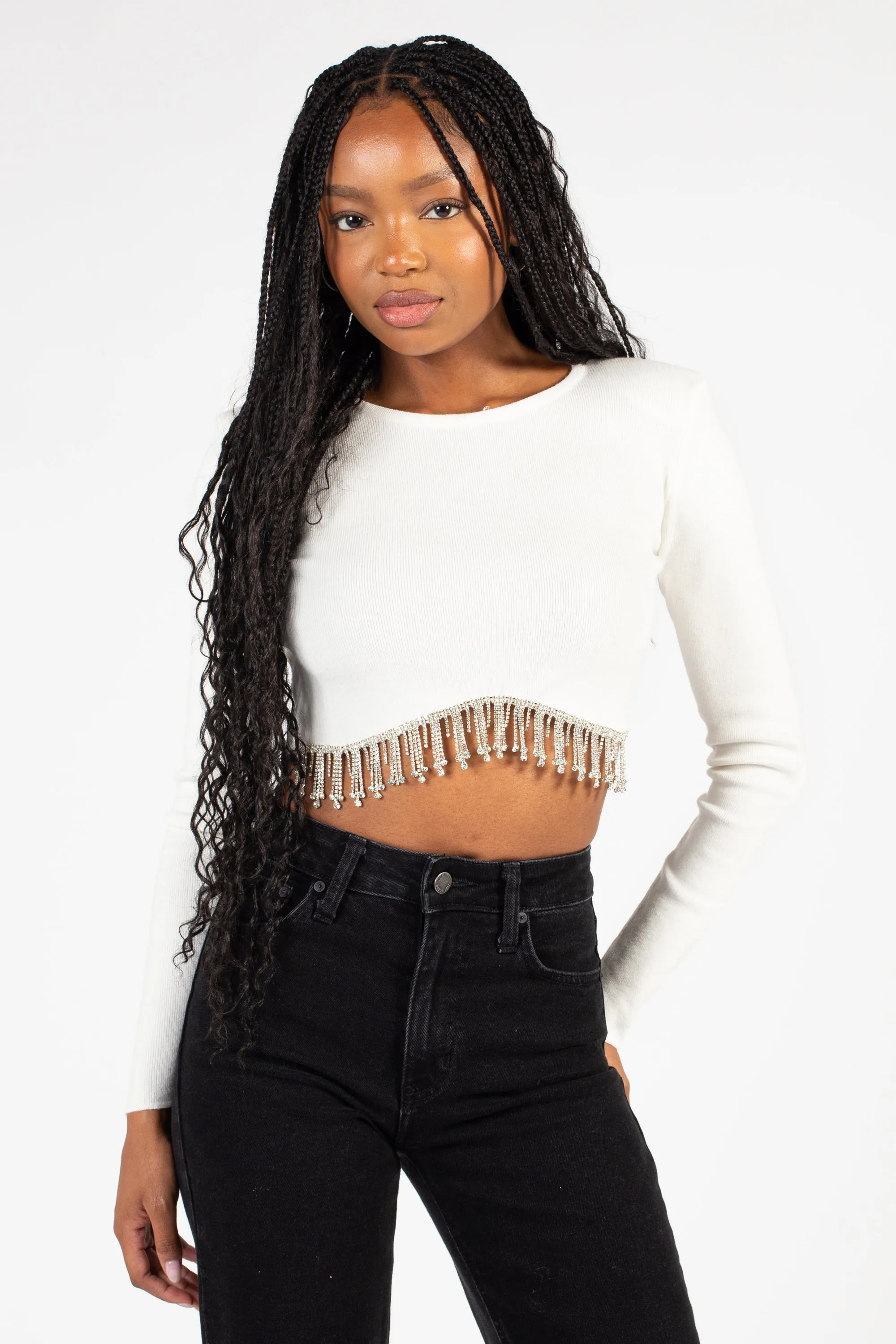 Stasia Rhinestone Fringe Crop Knit Top