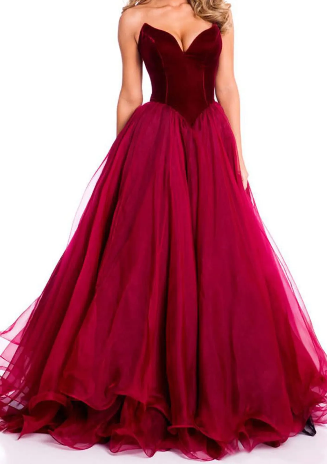 Strapless Organza Velvet Burgundy/Crimson Party Gown Pageant Prom Dress