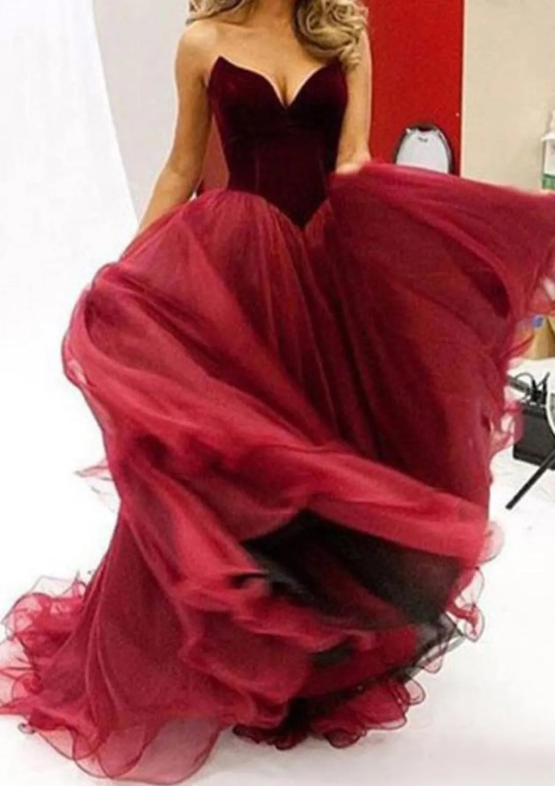 Strapless Organza Velvet Burgundy/Crimson Party Gown Pageant Prom Dress