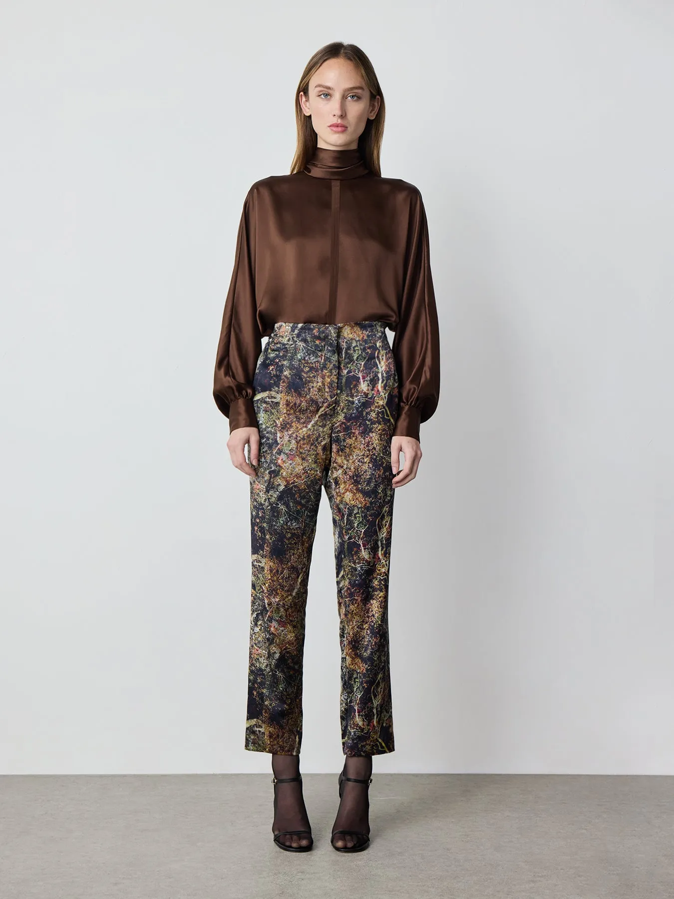 Tailored Silk Pant in Black Tree Print