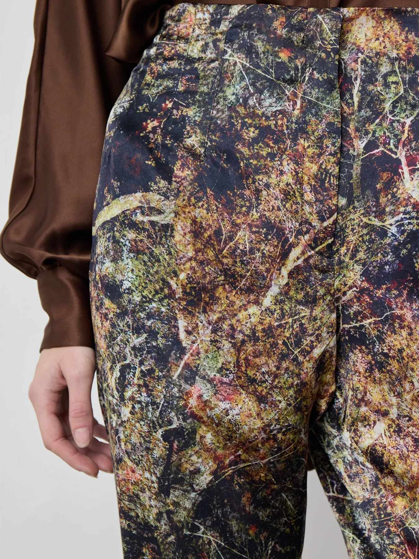 Tailored Silk Pant in Black Tree Print