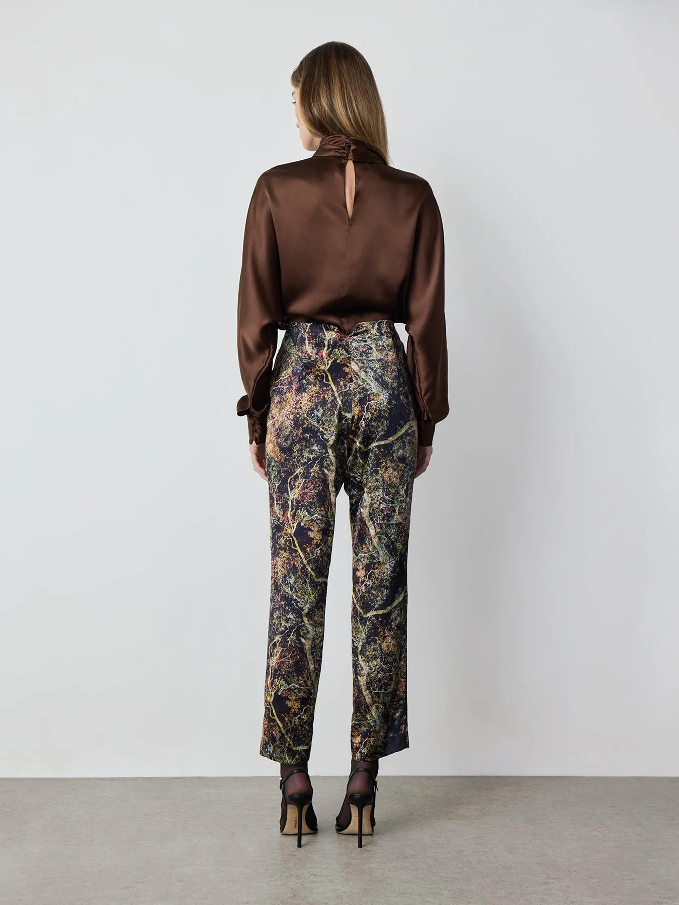 Tailored Silk Pant in Black Tree Print