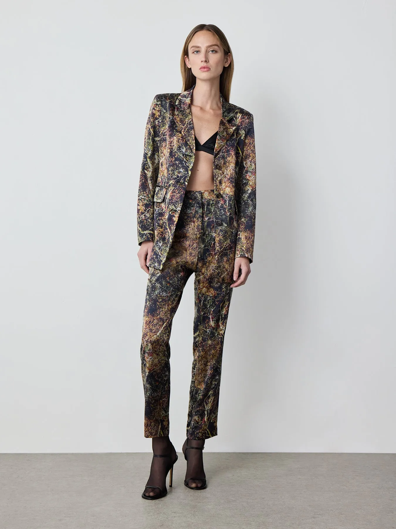 Tailored Silk Pant in Black Tree Print