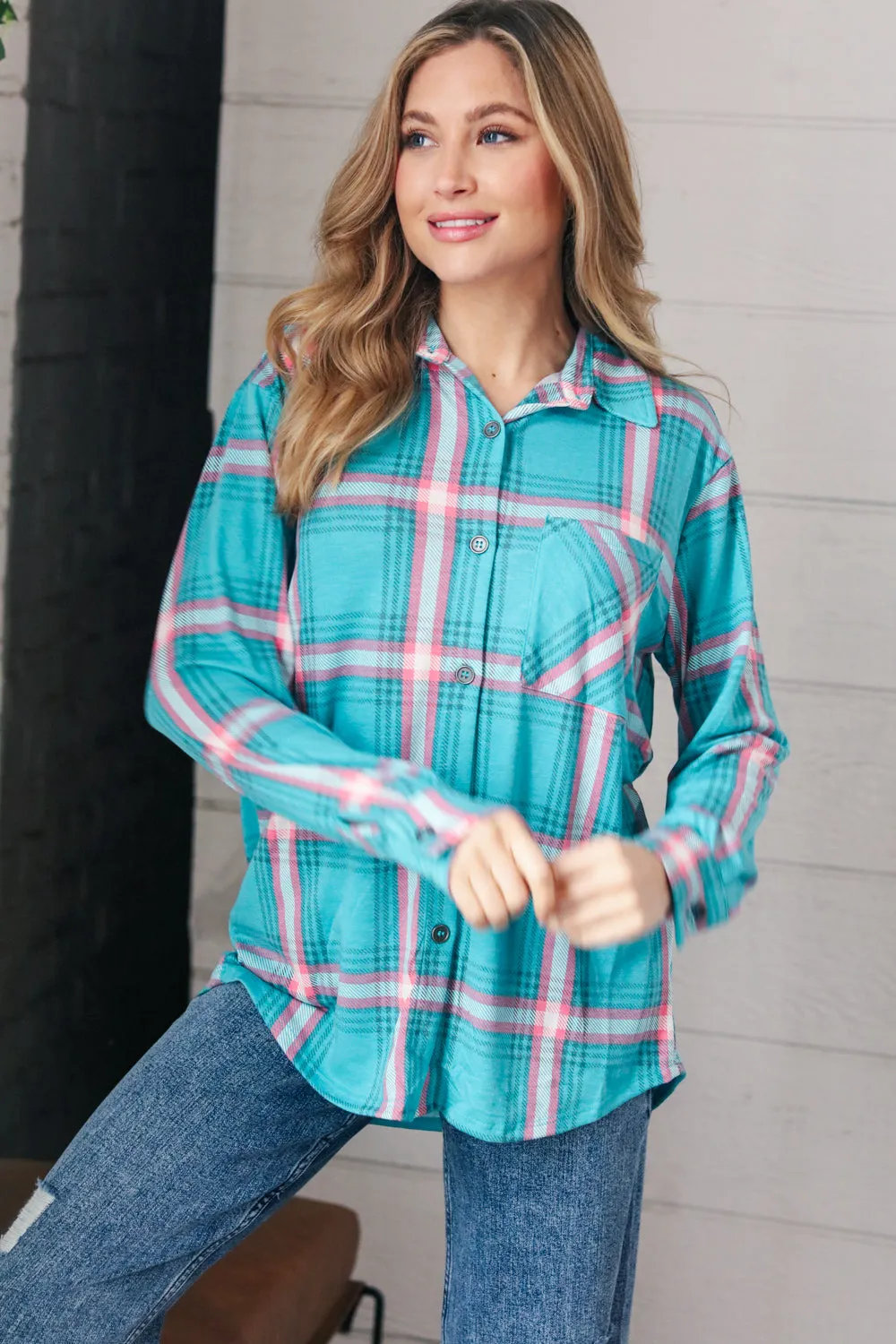 Teal & Pink Plaid Front Pocket Shirt Shacket