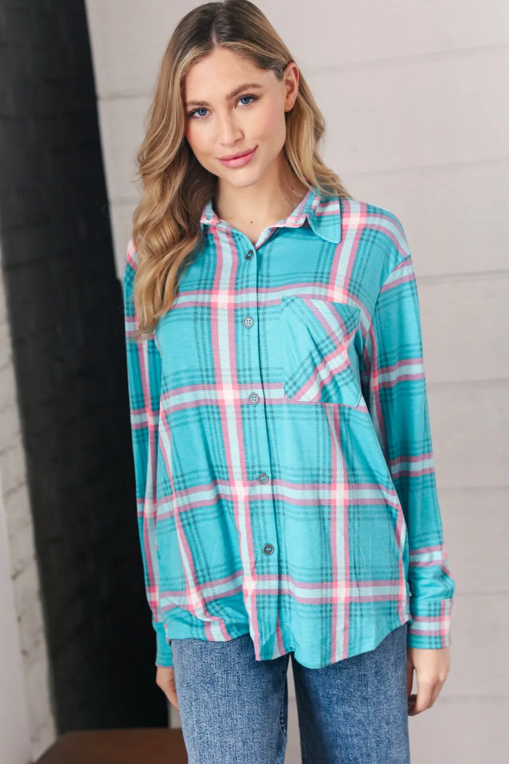 Teal & Pink Plaid Front Pocket Shirt Shacket