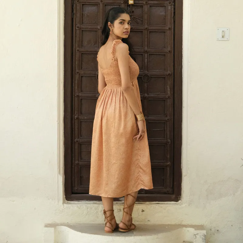 Tencel Midi Dress For Women | Ballon Sleeves | Relaxed Fit | Brown