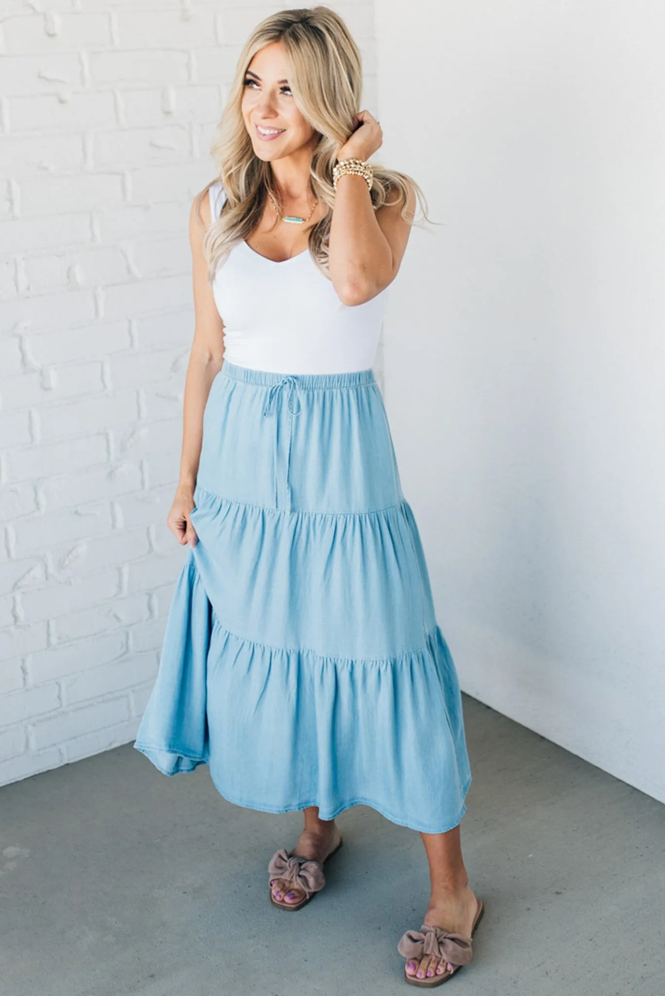 Tiered Tencel Midi Skirt