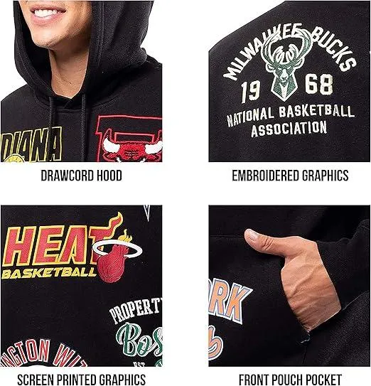 Ultra Game NBA Official Men’s Soft Fleece Pullover Hoodie Sweatshirt - Unisex, Multi-Team, Black|Multi-Team