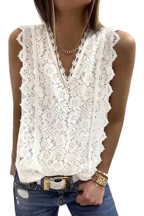 UNISHE - Lace Crochet V Neck Textured Tank Top TOPW1825: White / S