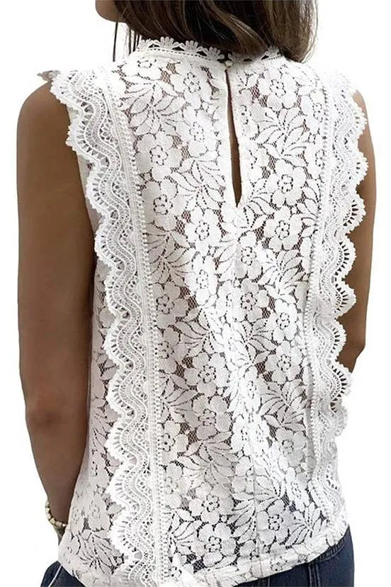 UNISHE - Lace Crochet V Neck Textured Tank Top TOPW1825: White / S