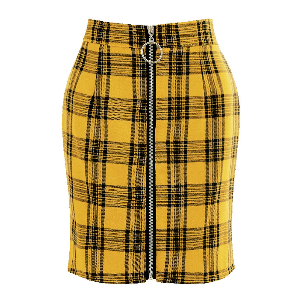 VenusFox Sexy Plaid Zipper Slim High Waist Above Knee Mini Skirt