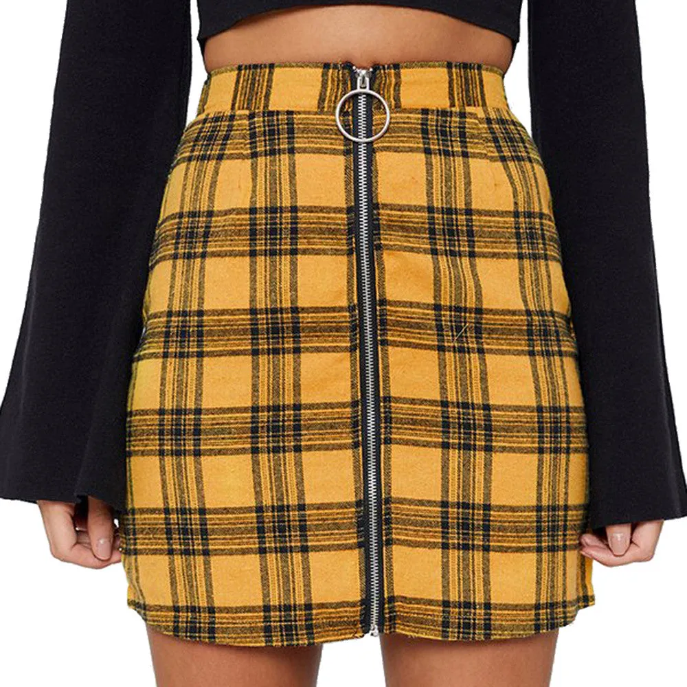 VenusFox Sexy Plaid Zipper Slim High Waist Above Knee Mini Skirt