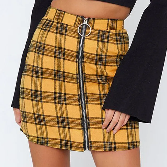 VenusFox Sexy Plaid Zipper Slim High Waist Above Knee Mini Skirt