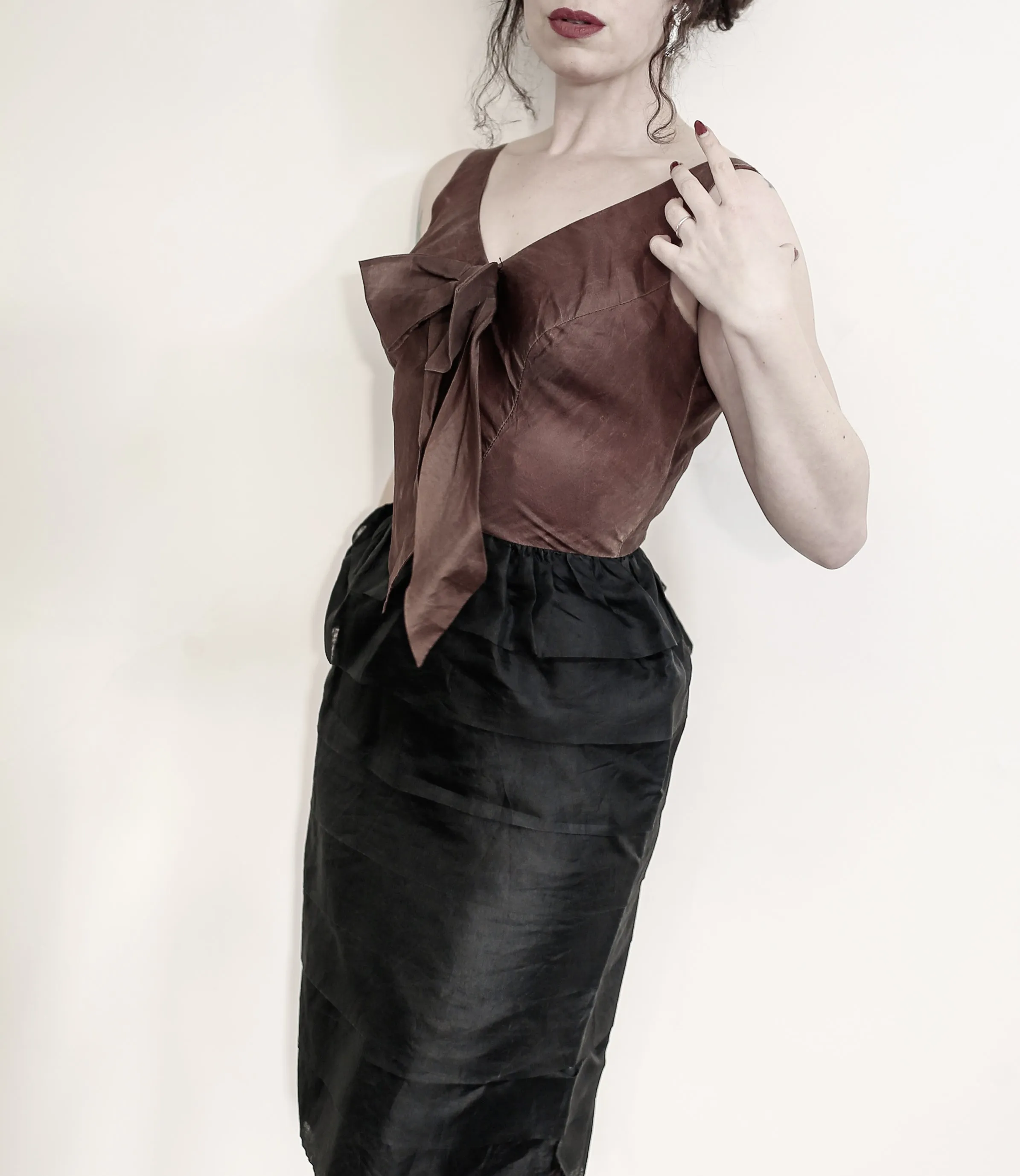 Vintage 1950s Brown Black Silk Ruffle Cocktail Dress