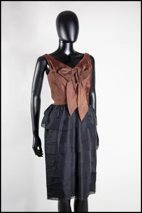 Vintage 1950s Brown Black Silk Ruffle Cocktail Dress