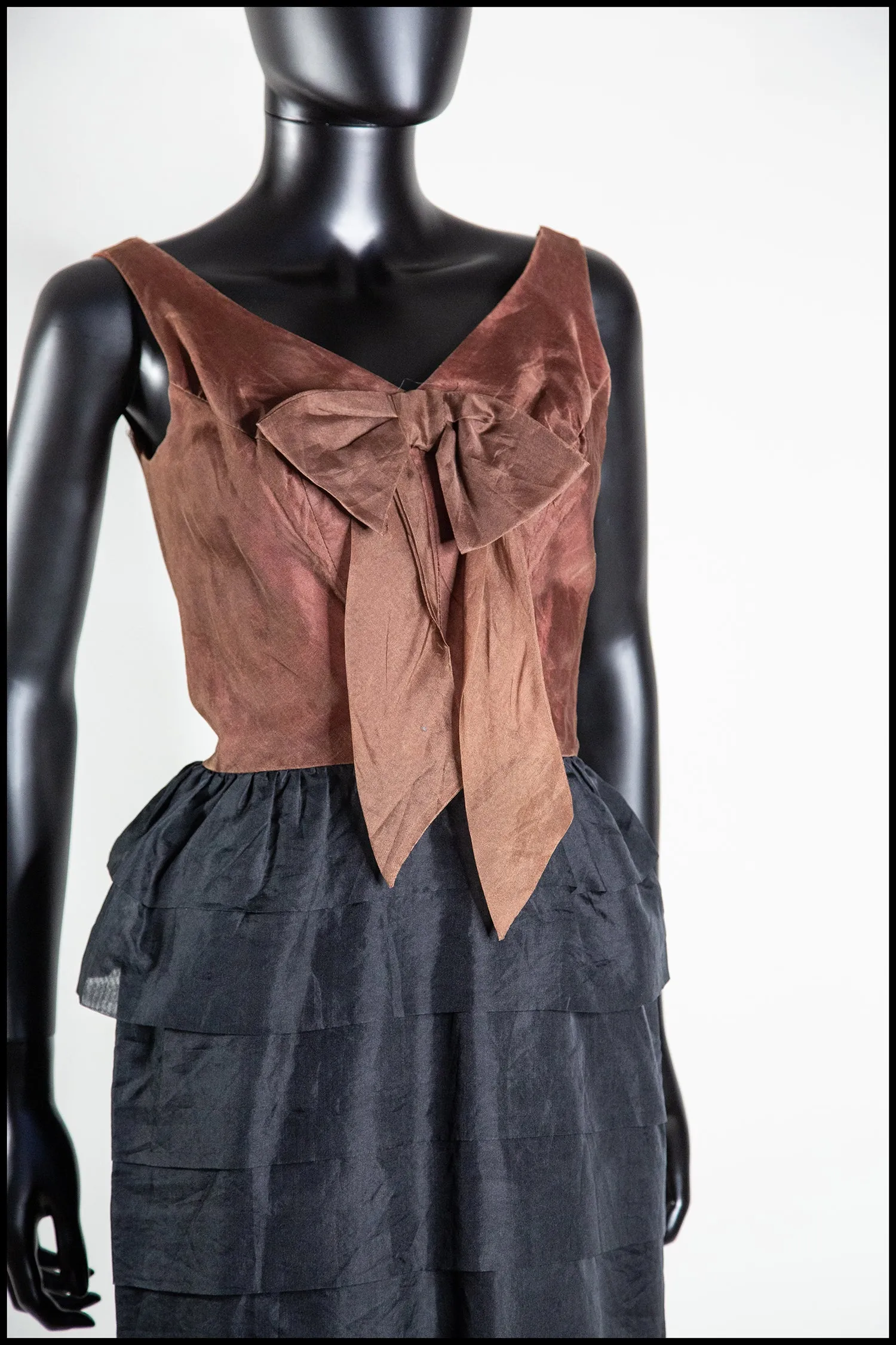 Vintage 1950s Brown Black Silk Ruffle Cocktail Dress