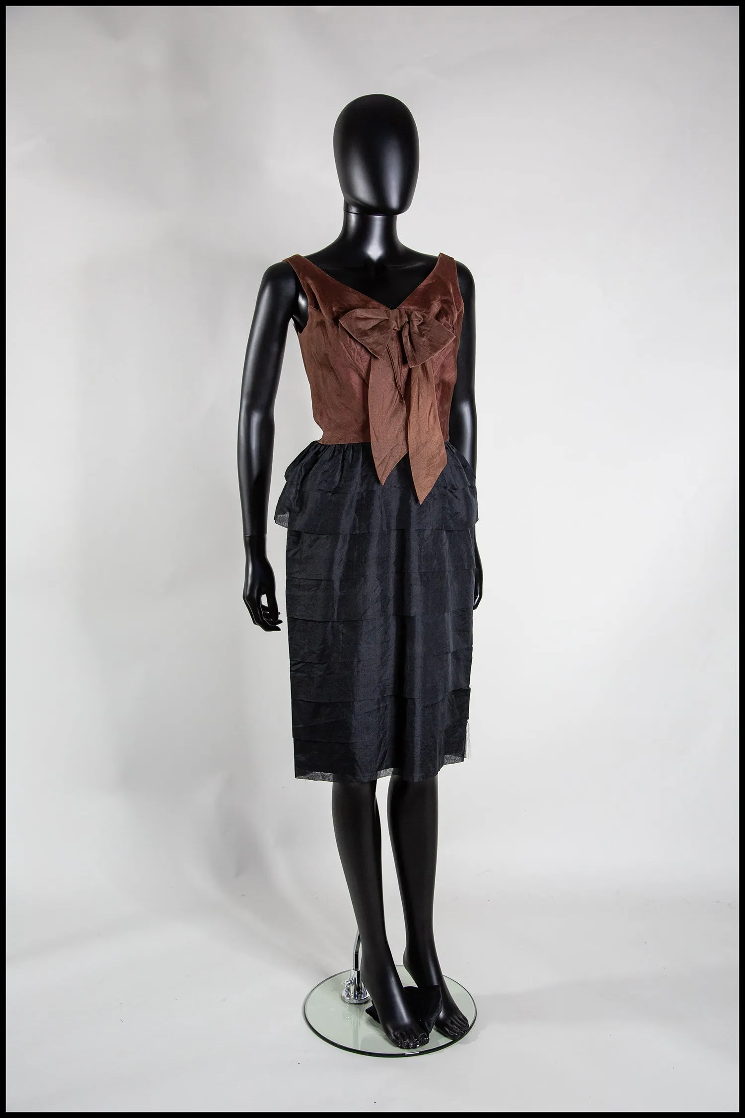 Vintage 1950s Brown Black Silk Ruffle Cocktail Dress