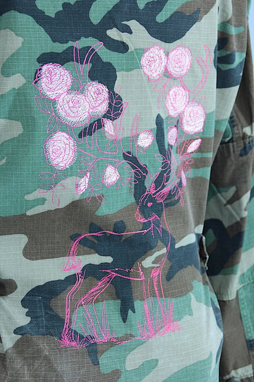 Vintage US Army Embroidered Camo Jacket / Pink Stag Deer Rose Floral Flower Crown Embroidery