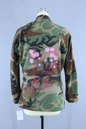 Vintage US Army Embroidered Camo Jacket / Pink Stag Deer Rose Floral Flower Crown Embroidery