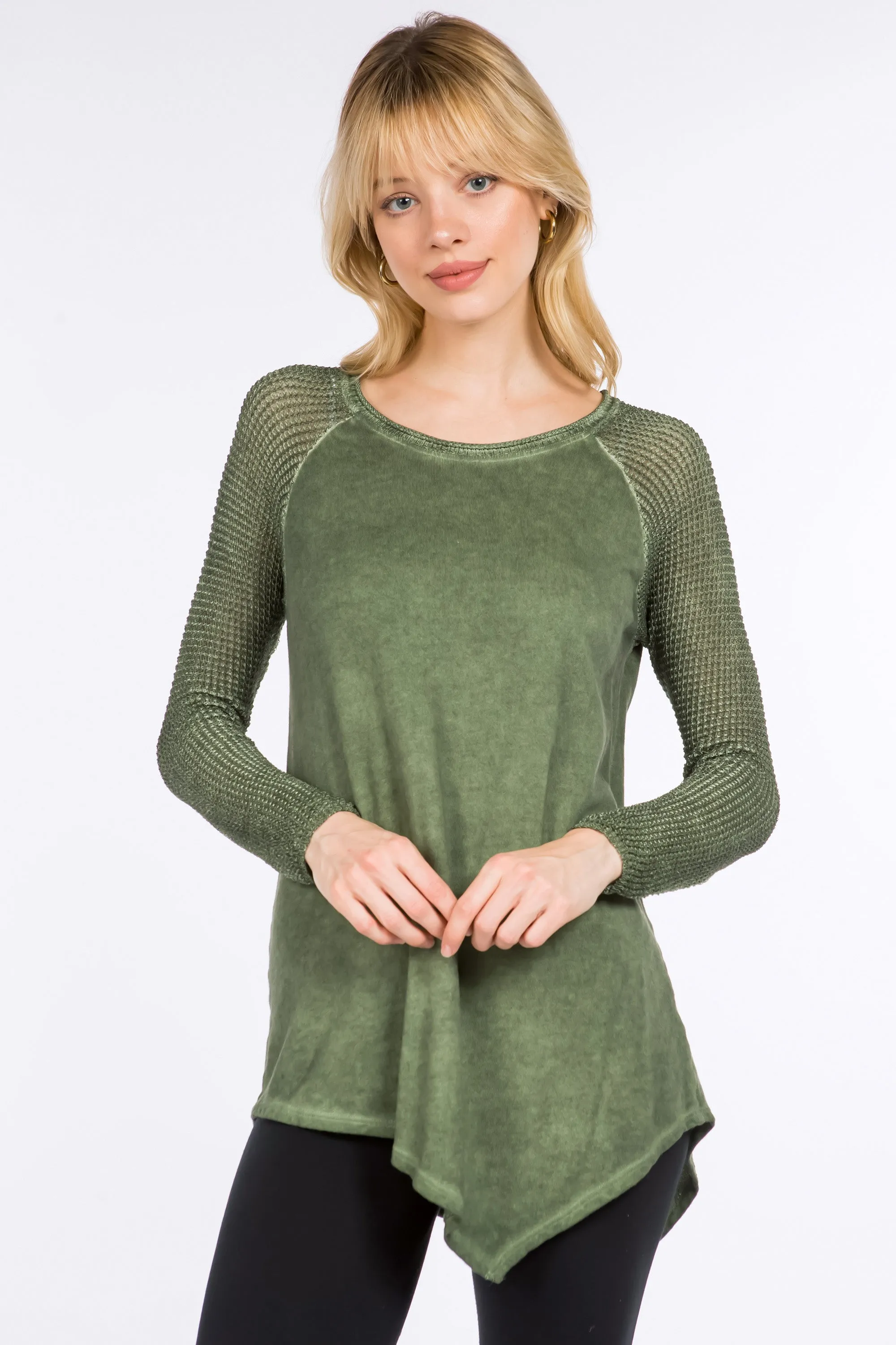 Waffled Raglan Tunic with Asymmetric Hem