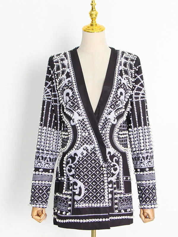 Wenkouban-Black Friday Christmas Thanksgiving Long Sleeves Loose Beads Printed V-Neck Blazer Outerwear