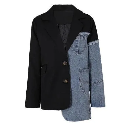 Wenkouban-Winter outfits Christmas Black Friday Blue Denim Irregular Patchwork Blazer