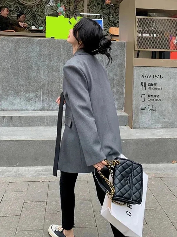 Wenkouban-Winter outfits Christmas Black Friday Cross Ribbon Slit Single Button Grey Blazer