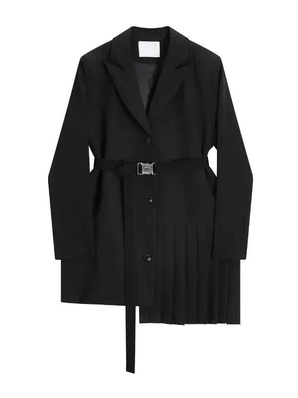 Wenkouban-Winter outfits Christmas Black Friday Irregular Length Long Black Suit Blazer with Belt