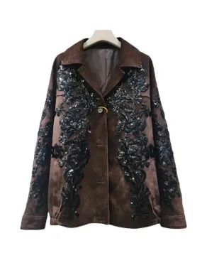 Wenkouban-Winter outfits Christmas Black Friday Notched Collar Embroidery Black Sequins Brown Suede Texture Blazer