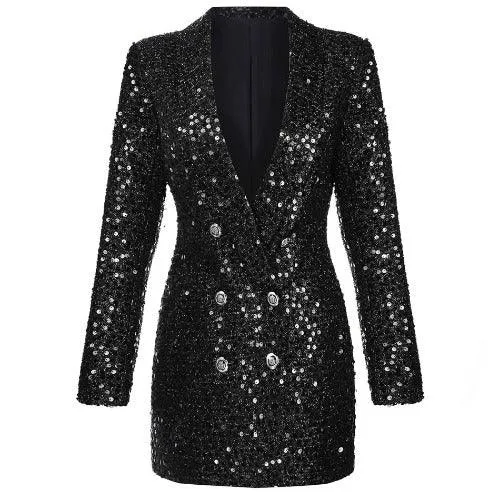 Wenkouban-Winter outfits Christmas Black Friday Shawl Collar Black Sequined Blazer