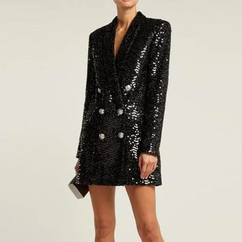 Wenkouban-Winter outfits Christmas Black Friday Shawl Collar Black Sequined Blazer