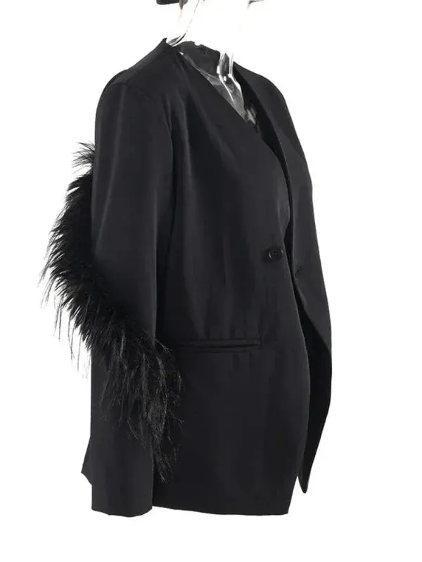 Wenkouban-Winter outfits Christmas Black Friday V-neck Feather Sleeve Single Button Black Blazer