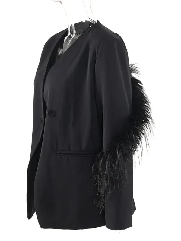 Wenkouban-Winter outfits Christmas Black Friday V-neck Feather Sleeve Single Button Black Blazer