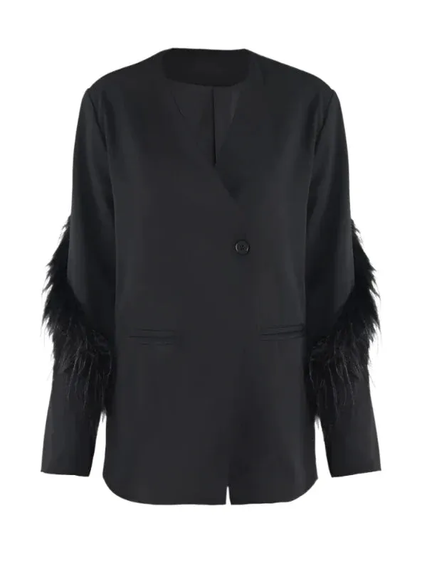 Wenkouban-Winter outfits Christmas Black Friday V-neck Feather Sleeve Single Button Black Blazer