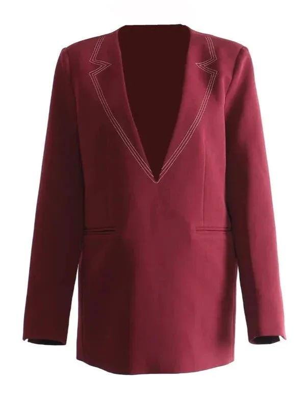 Wenkouban-Winter outfits Christmas Black Friday Wine Red Top Stitch Notched Collar Pullover Blazer