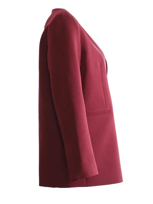 Wenkouban-Winter outfits Christmas Black Friday Wine Red Top Stitch Notched Collar Pullover Blazer