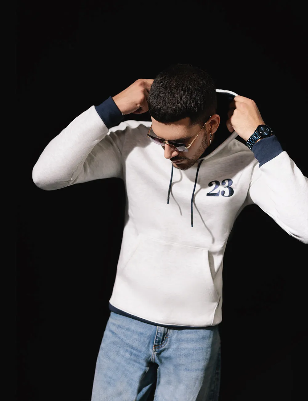 White & Navy Blue Fleece Hoodie