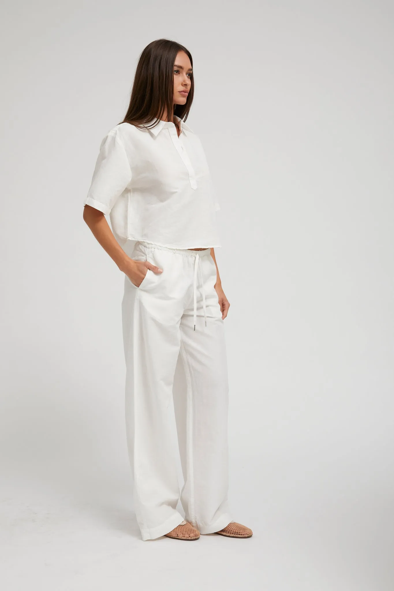 White Linen Cropped Oversized Henley Shirt