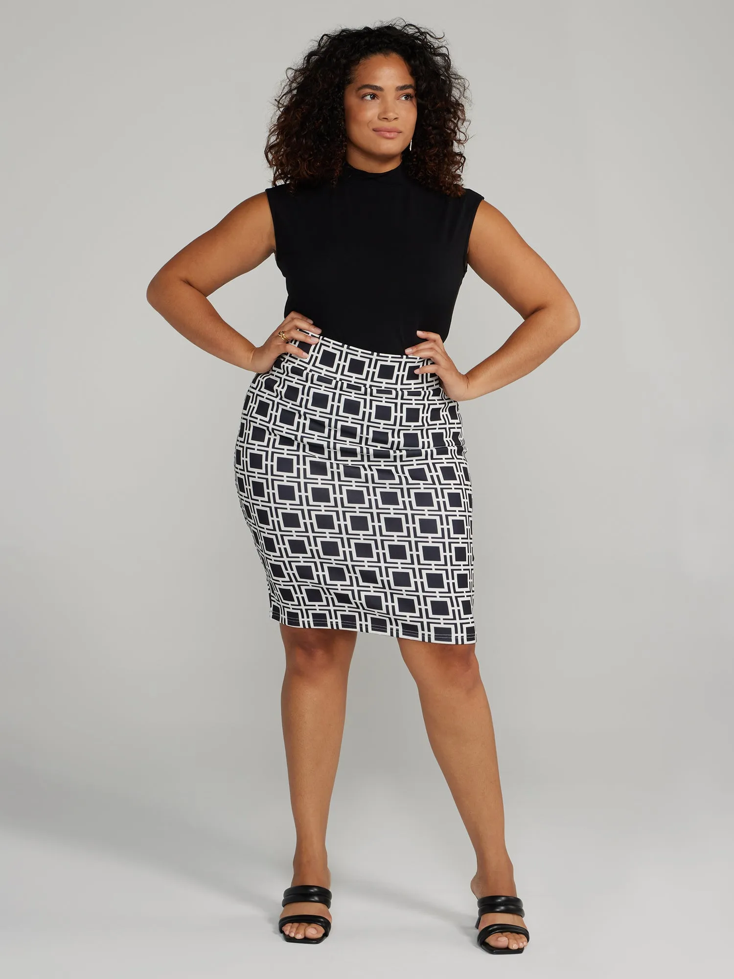 Windowpane Print Pencil Skirt