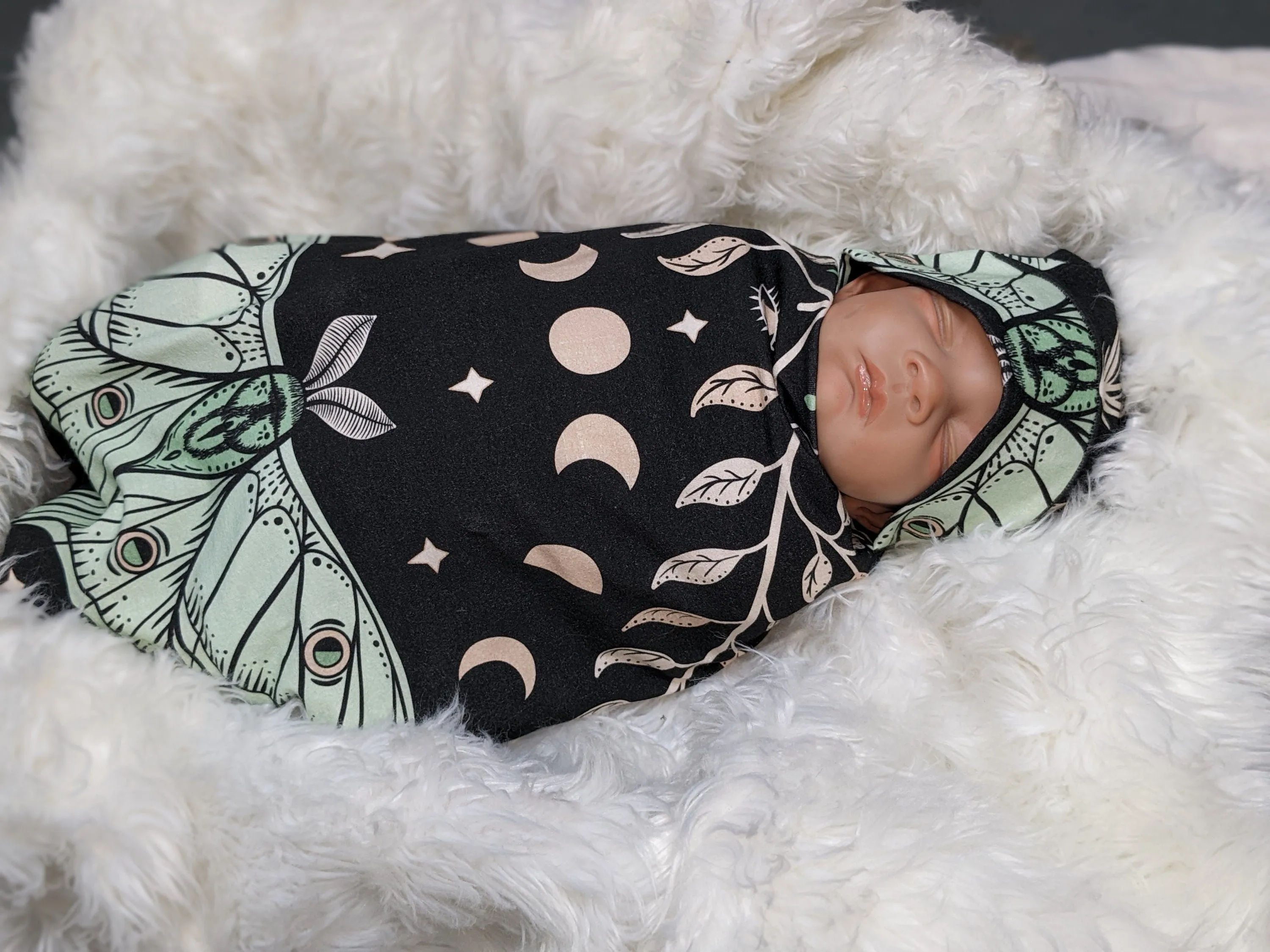 Witchy Baby Blanket  Band or Hat Luna Moth and Moon Phase Botanical Swaddle