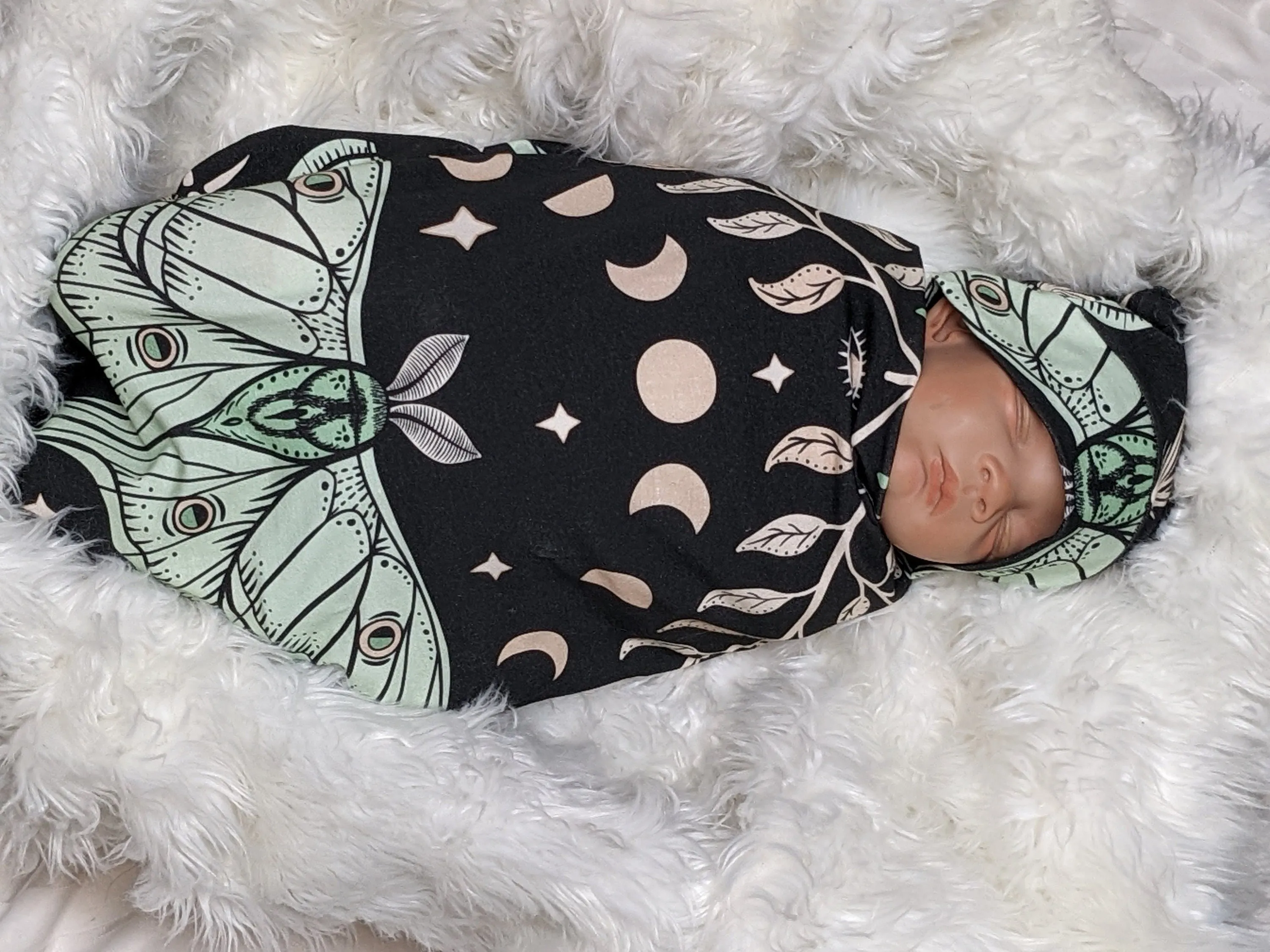 Witchy Baby Blanket  Band or Hat Luna Moth and Moon Phase Botanical Swaddle