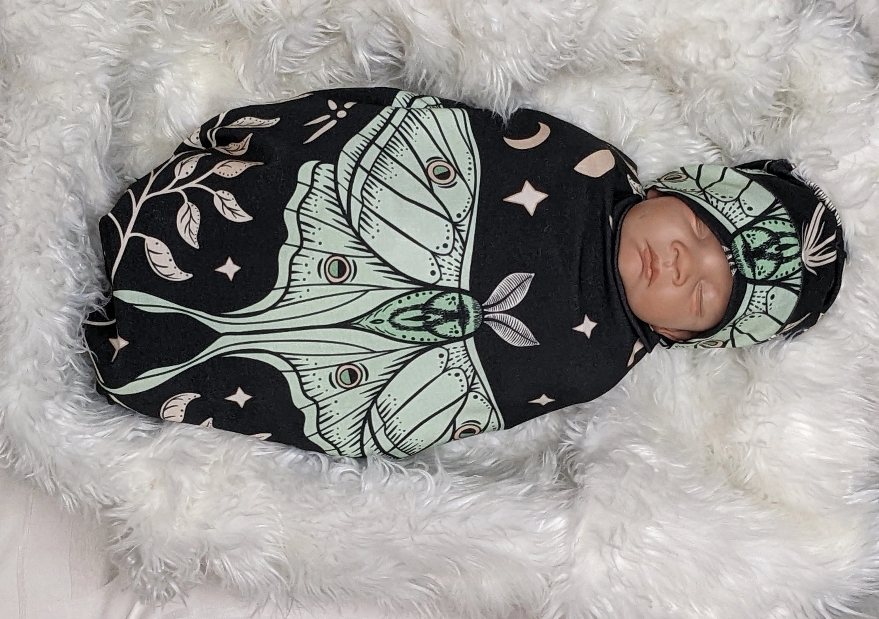 Witchy Baby Blanket  Band or Hat Luna Moth and Moon Phase Botanical Swaddle