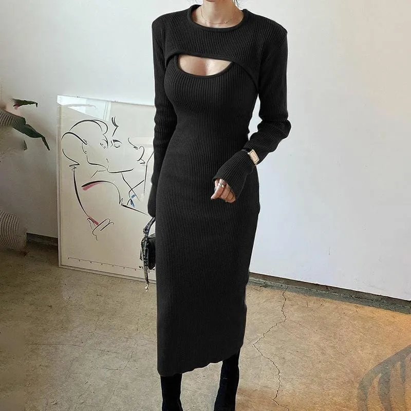  Women 2 Piece Outfits Solid Color Bodycon Midi Dress Pullover Set