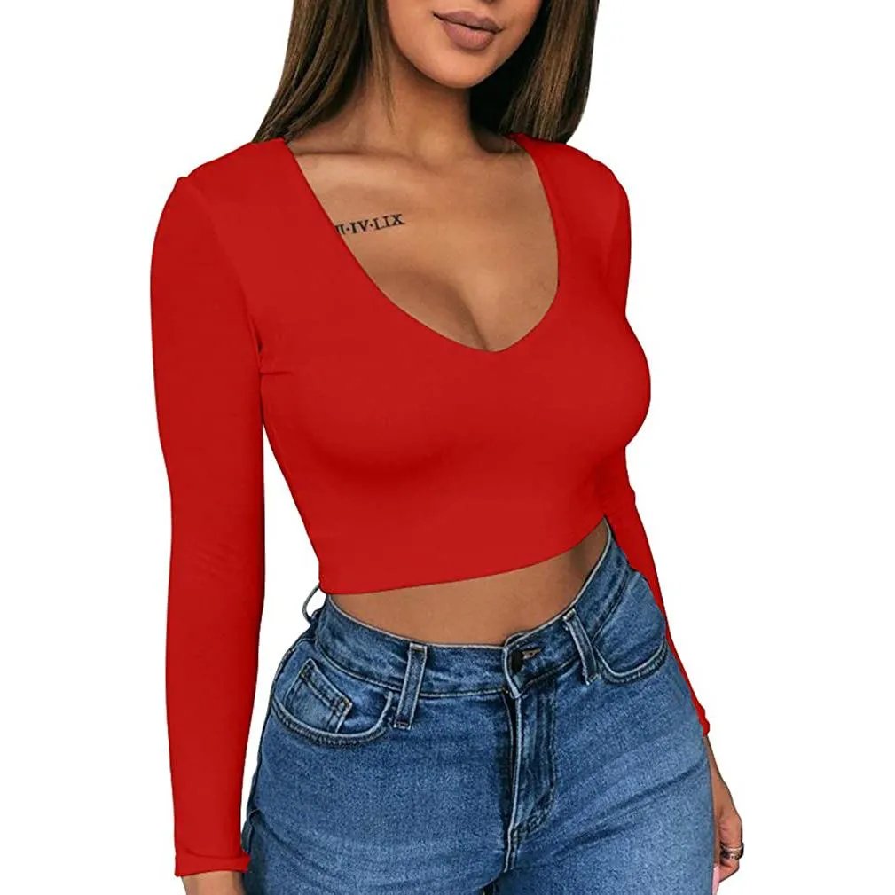 Women's Sexy Bodycon Scoop Neck Long Sleeve Slim Crop Top