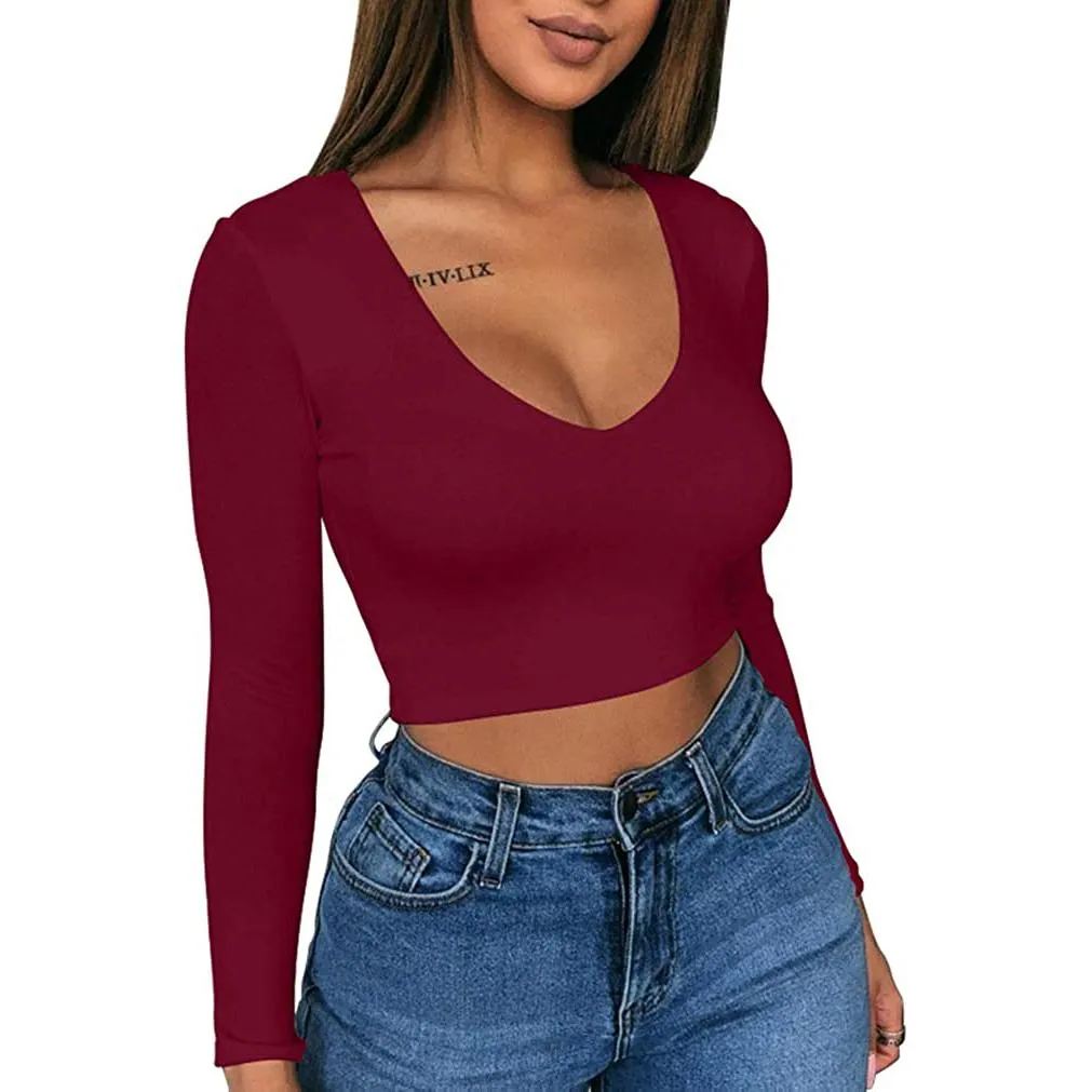 Women's Sexy Bodycon Scoop Neck Long Sleeve Slim Crop Top