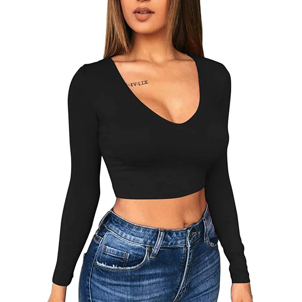 Women's Sexy Bodycon Scoop Neck Long Sleeve Slim Crop Top